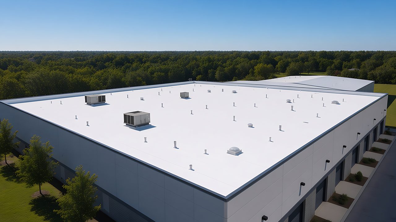 Aerial view of a large commercial building with a clean white roof